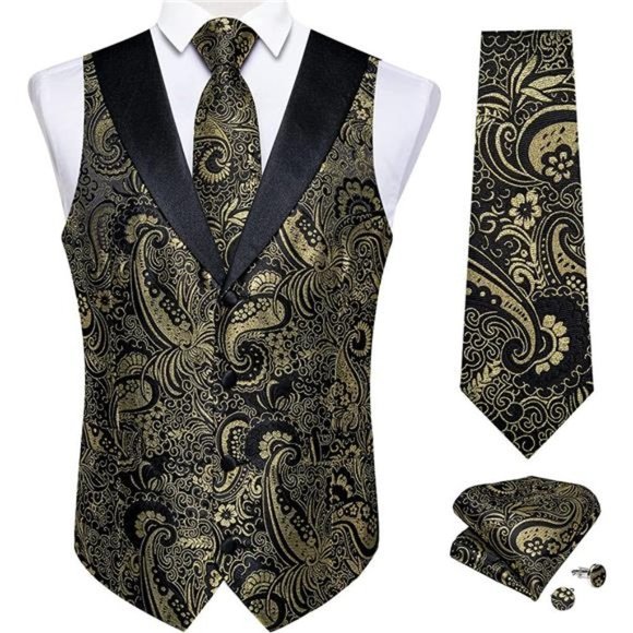 MEN'S Wedding Paisley Suit Vest, Black Gold Paisley - Picture 1 of 6